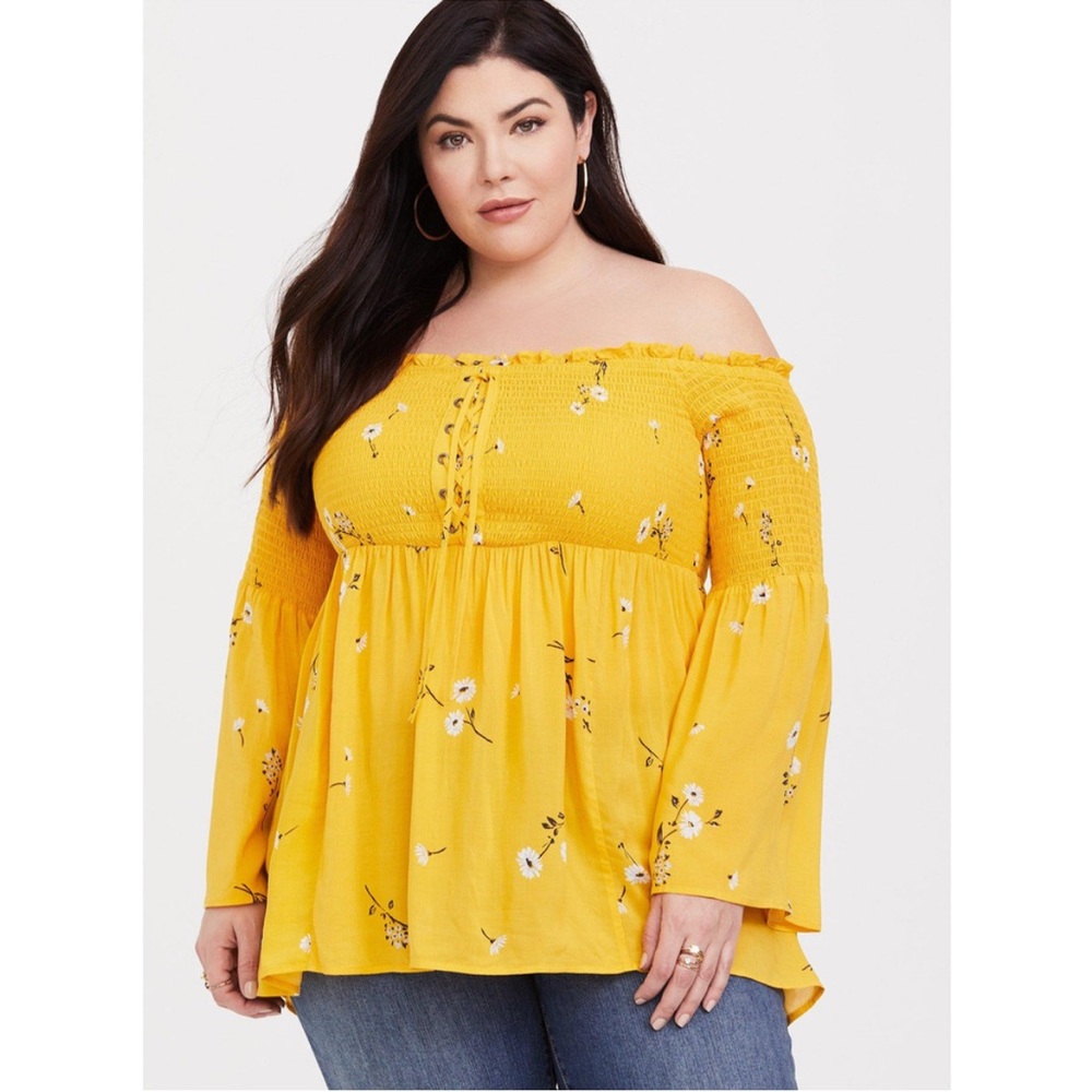 Torrid Yellow Floral Lace-Up Smocked Off-Shoulder Bell Sleeve Babydoll Top 1X